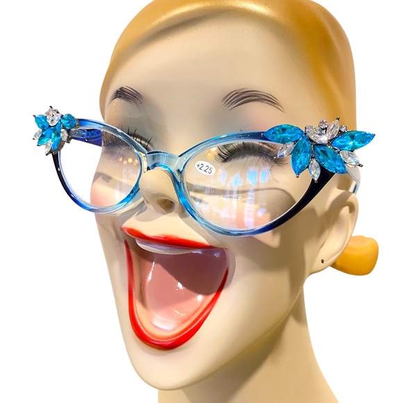 OOAK Vintage Vixen blue ombre frames with Turquoise rhinestones +.50 & +2.25 - Picture 9 of 9